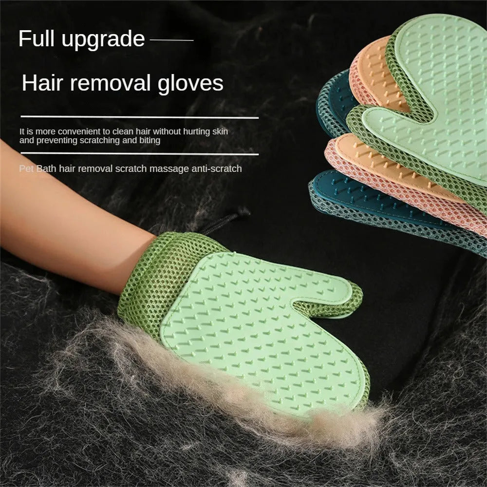 Pet hair removal glove with TPR nubs on mesh fabric, shown in dark blue, for grooming cats and dogs.