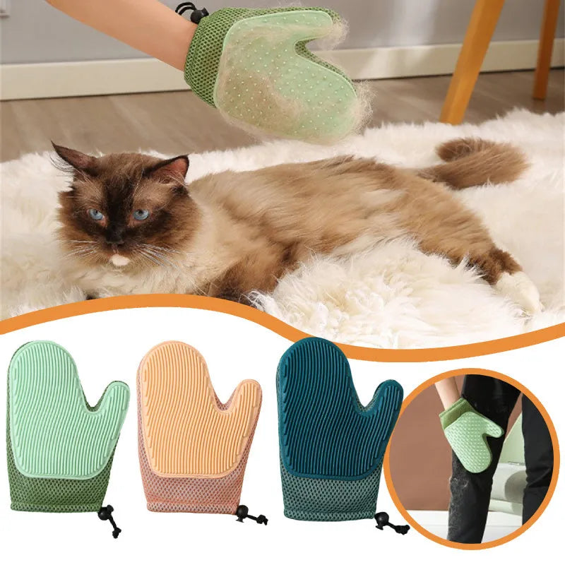Pet hair removal glove with TPR nubs on mesh fabric, shown in dark blue, for grooming cats and dogs.