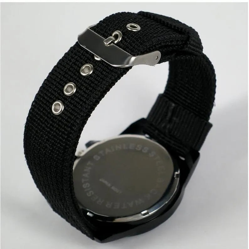 Cloth belt weaving military watch with quartz movement 40.5mm round dial and textile strap on display