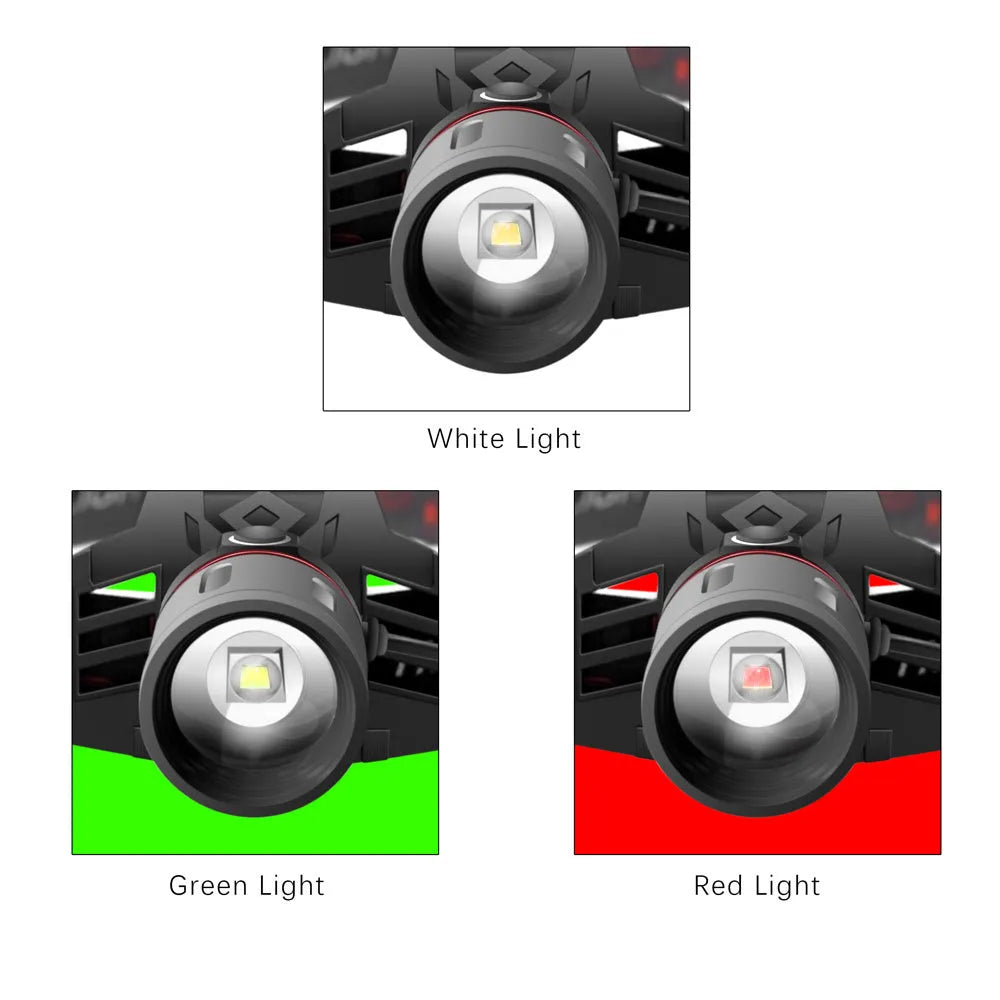 T6 LED headlamp with zoomable lens showing white, green and red light modes on headband