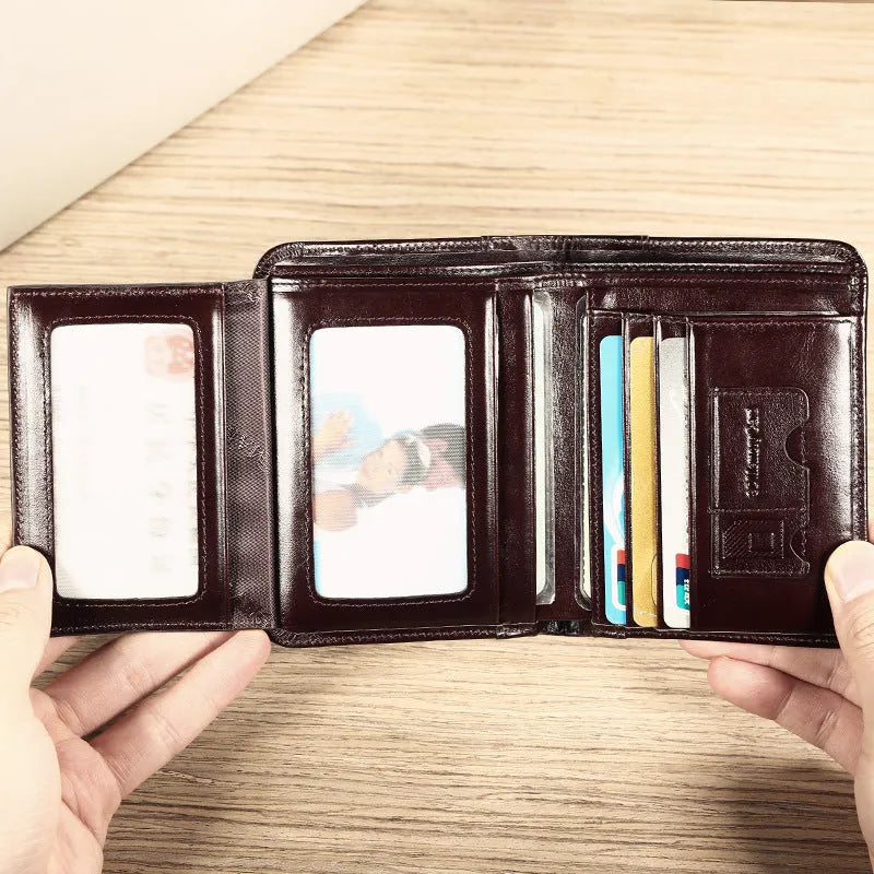 Men's leather wallet in black or brown with banknote folder, card slots, coin pocket, and photo window