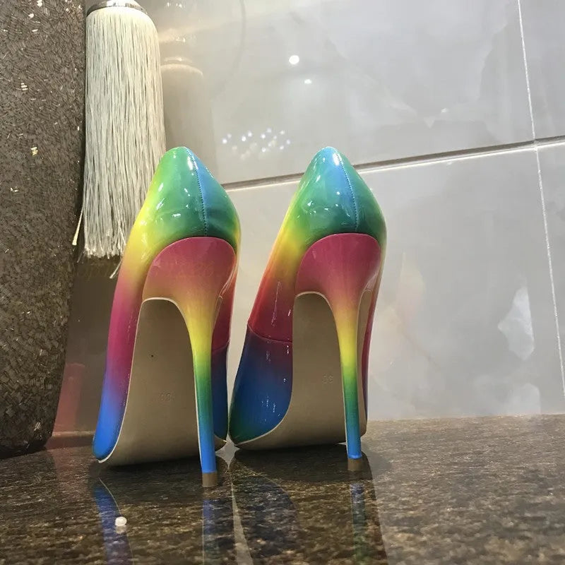 Rainbow colour patent leather women's pointed toe high heels with thin stiletto heel