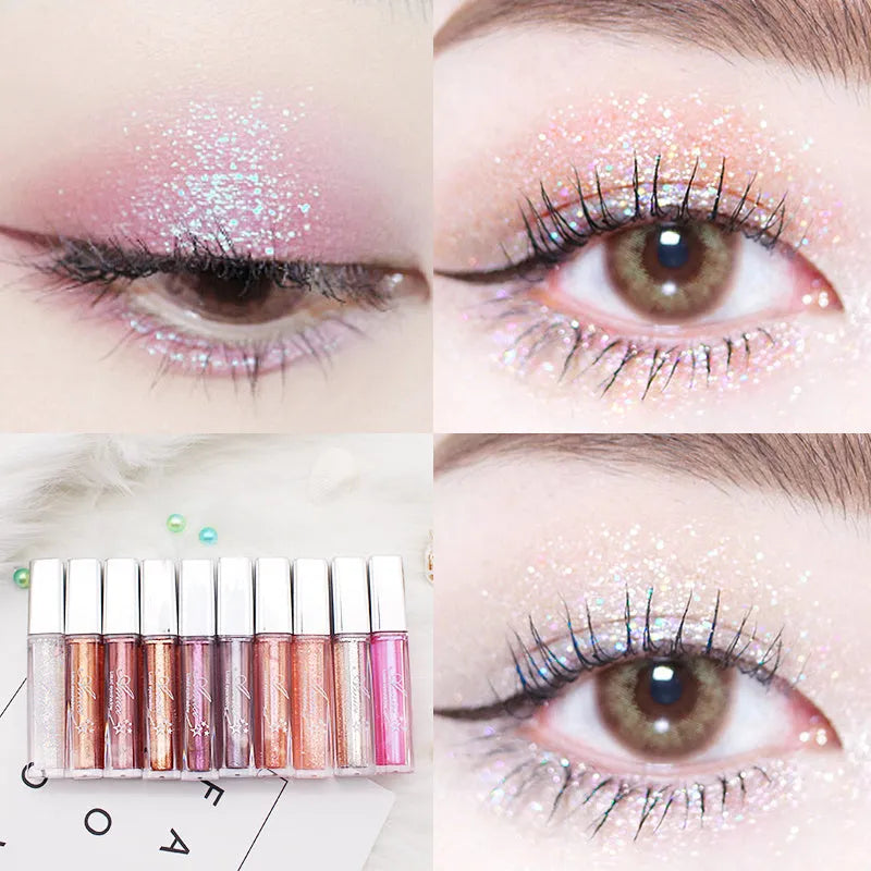 Pearly glitter liquid eye shadow cream in a small pot with shimmer finish, available in ten colour options