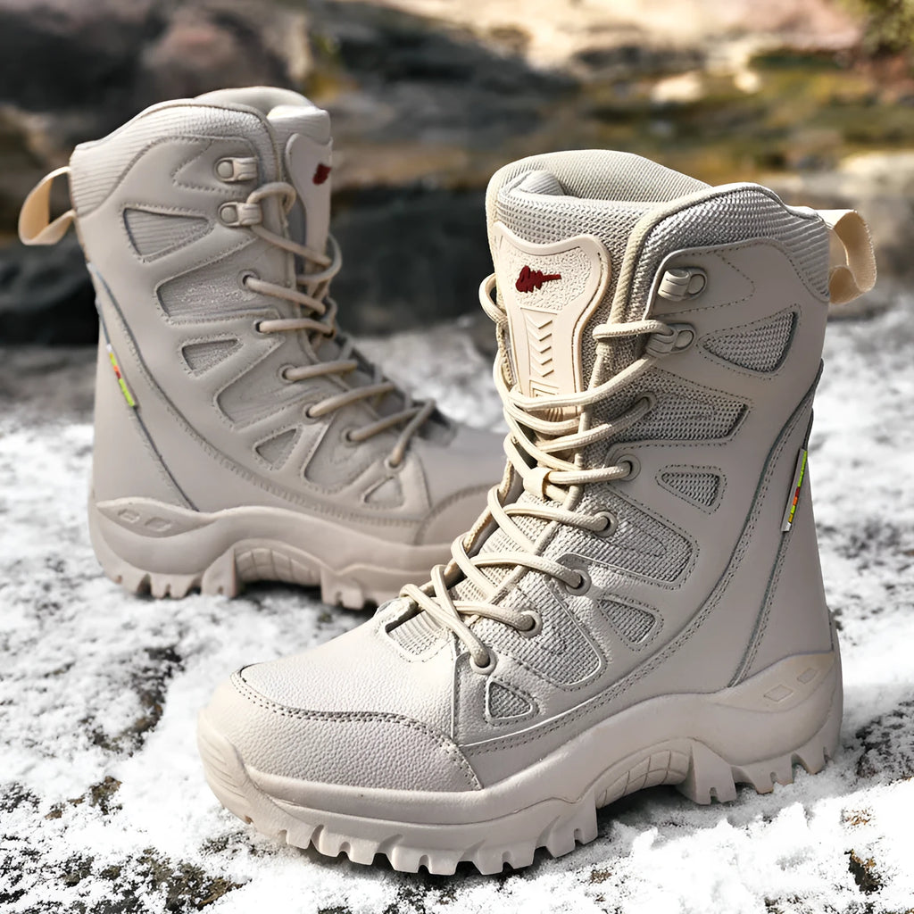 Cowhide leather hi-top hiking platform sneakers in beige, shown on a neutral background.