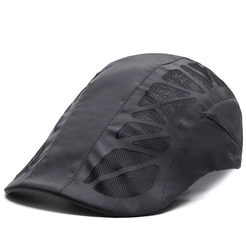 Adjustable mesh beret hat in grey with geometric pattern, curly brim, and dome top for summer sun protection