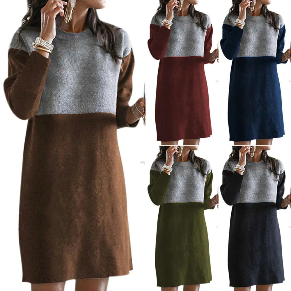 Brown women's loose long sleeve dress with patchwork detail and princess skirt silhouette.