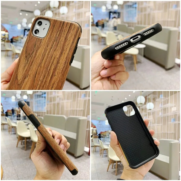 Wooden mobile phone case for iPhone showing natural bamboo grain and rosewood finishes