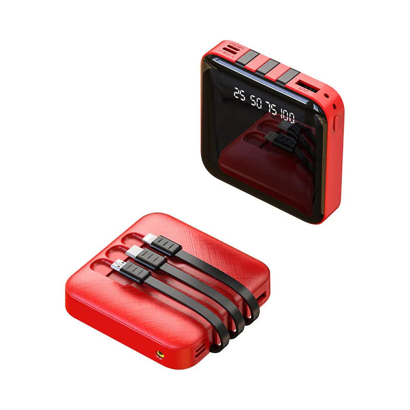 Black and red portable power bank with built-in charging cable, showing compact 80mm size