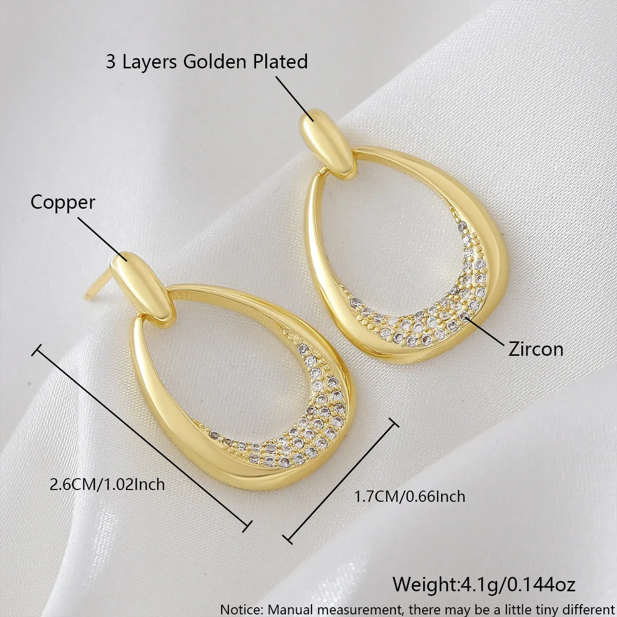 Women's yellow gold geometric drop-shaped ring earrings with copper construction and electroplated finish