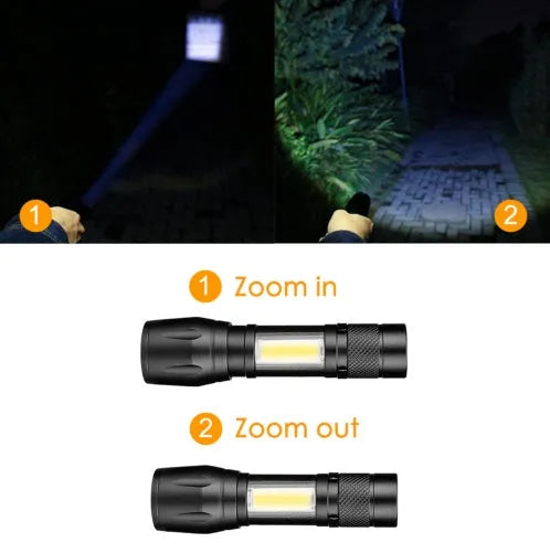 Black mini aluminium alloy LED flashlight with telescopic zoom head and pocket clip.