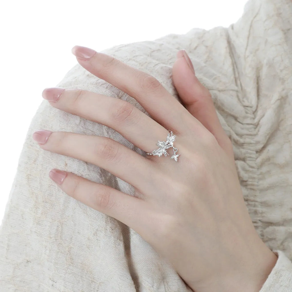 Adjustable silver ring with wild butterfly design in electroplated gold colour