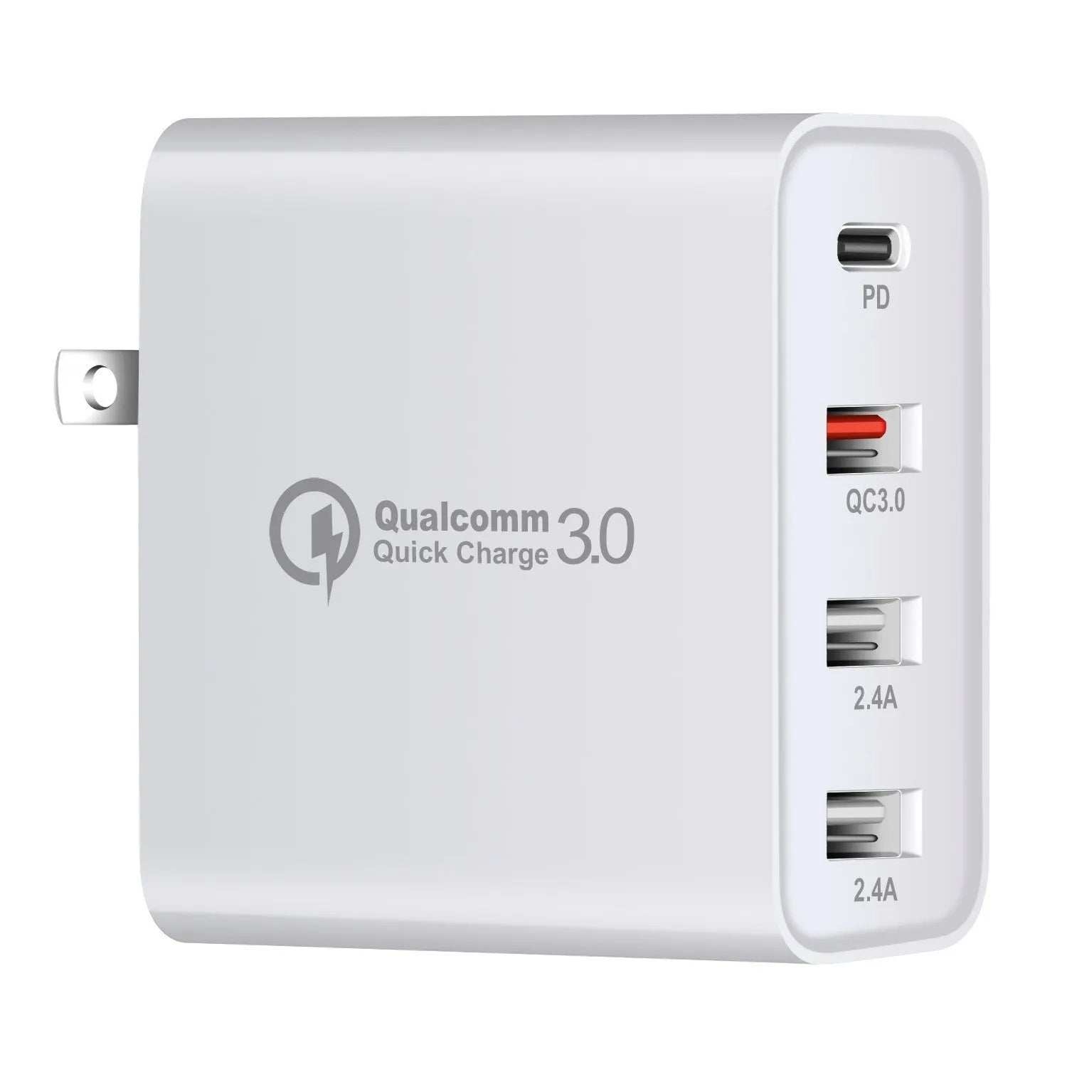 Black and white 48W four-port USB-C PD charger with international plug options