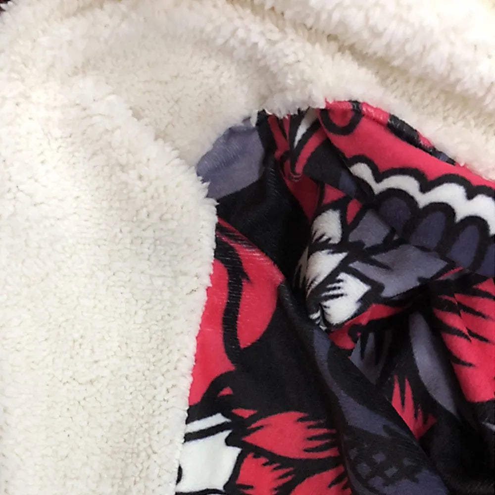 Round flannel burrito blanket with food-themed printing, shown in coral fleece fabric.