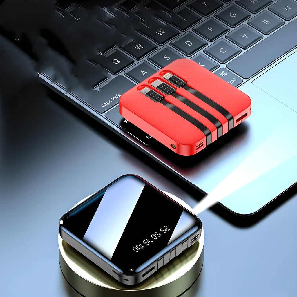 Black and red portable power bank with built-in charging cable, showing compact 80mm size