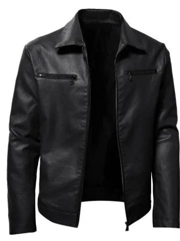 Winter business thermal zipper cardigan with decorative PU leather coat in black, front view
