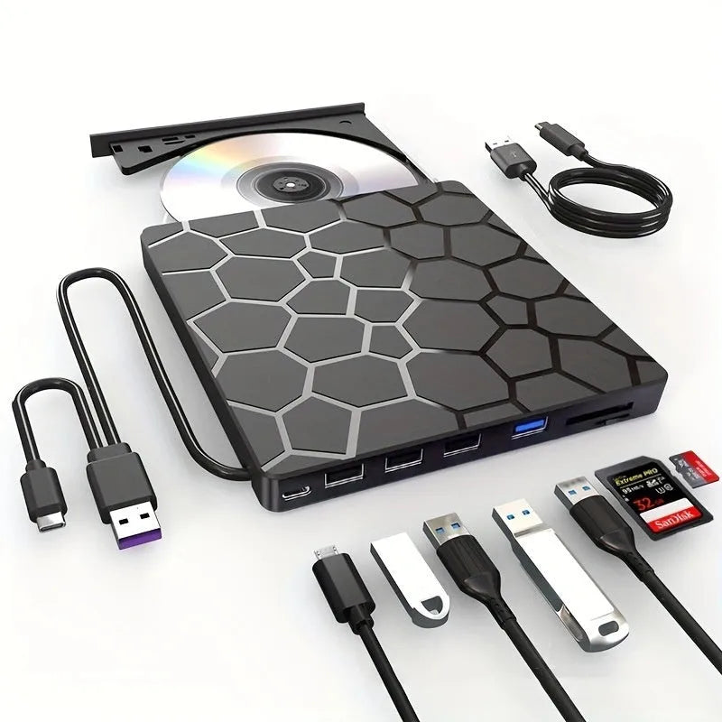 Black external USB CD DVD writer drive with compact slim design on a desk.