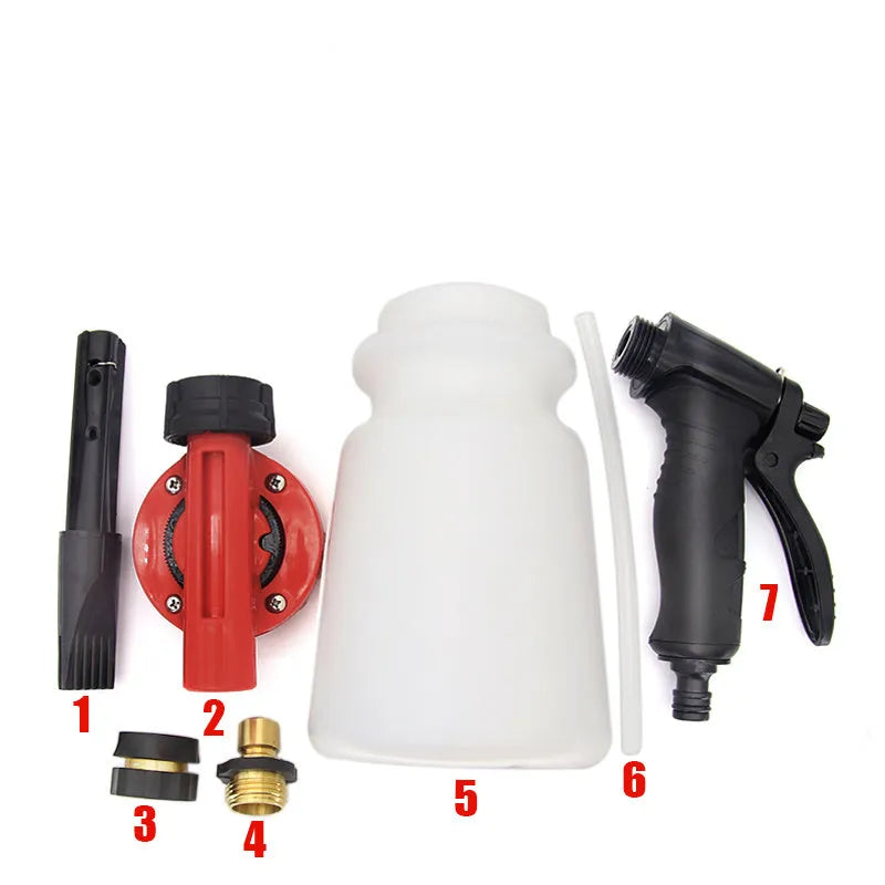 Compact high pressure water gun for garden use, showing handheld sprayer with foam pot.