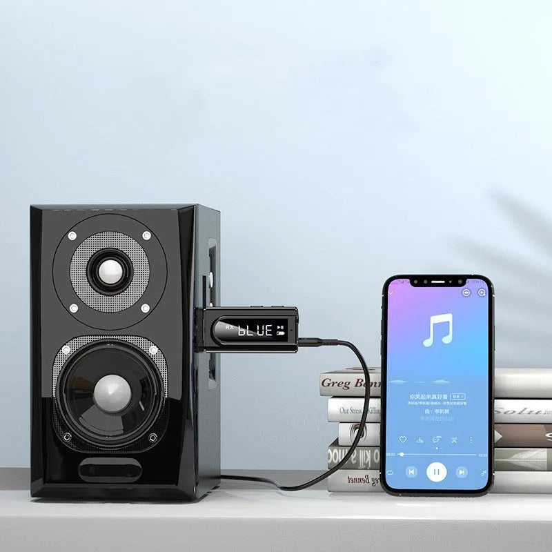 Black USB car FM Bluetooth receiver for wireless audio streaming and hands-free calls.