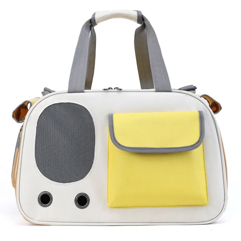 A foldable single-shoulder canvas pet bag in a solid colour, shown with the strap extended.