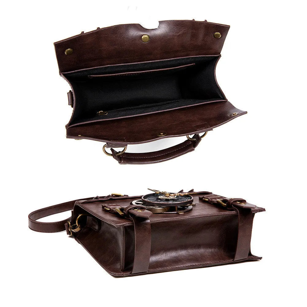 Bronze steampunk pillow shoulder bag with metal details on a horizontal square shape