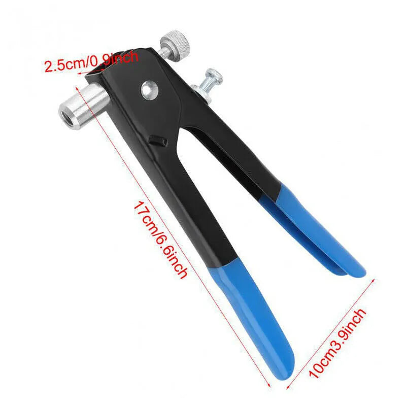 Manual riveter nut set with alloy steel construction including riveter gun and threaded rivet nuts