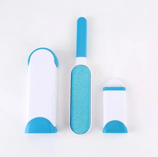 Blue reusable pet hair removal brush and self-cleaning base for sofas and car seats
