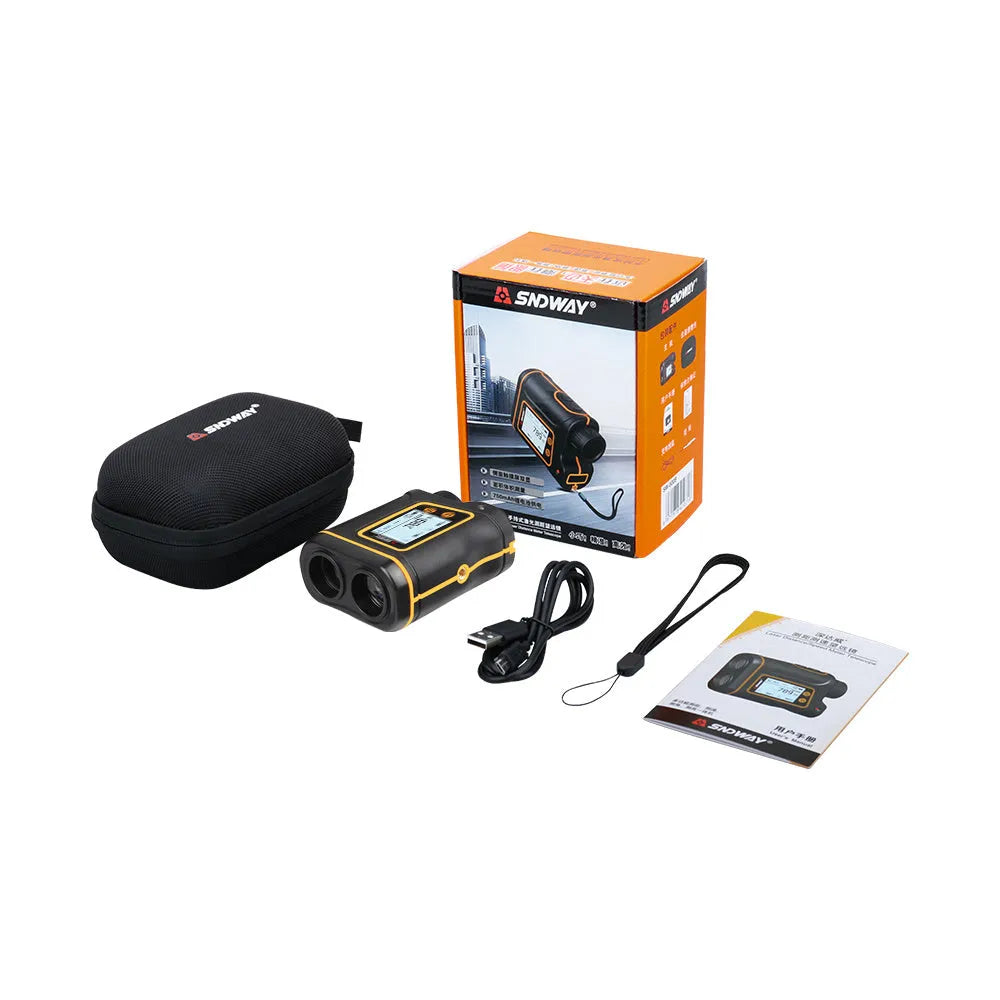Handheld golf and outdoor laser rangefinder showing compact design on palm