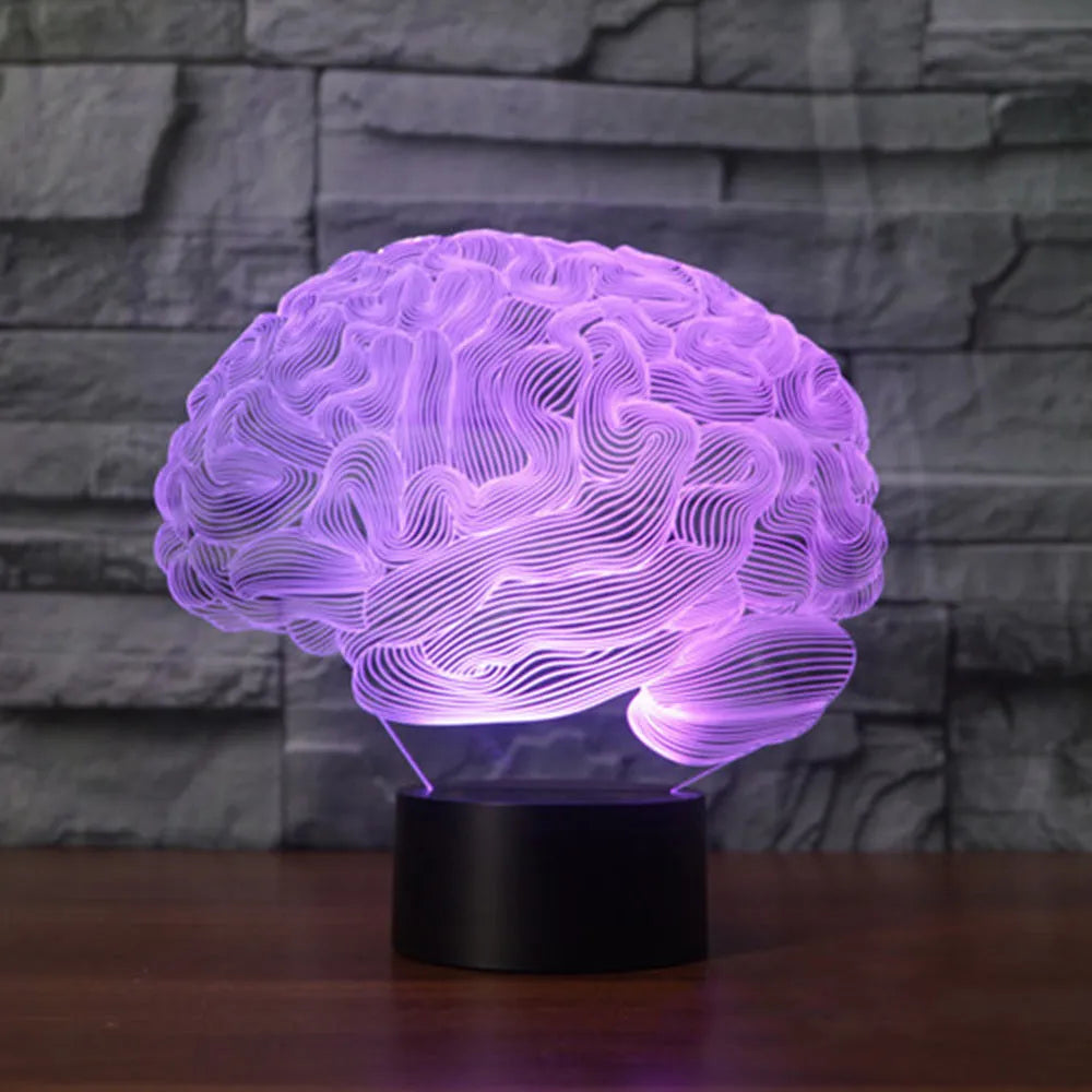 3D brain illusion LED desk lamp with acrylic design and remote control on wooden surface