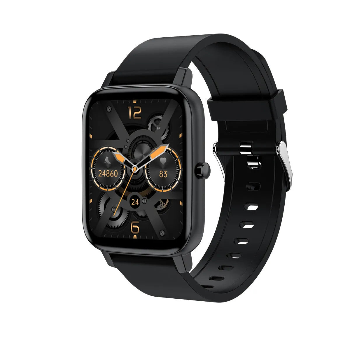 H80 fashion sports smart watch with black silicone strap showing health metrics on screen.