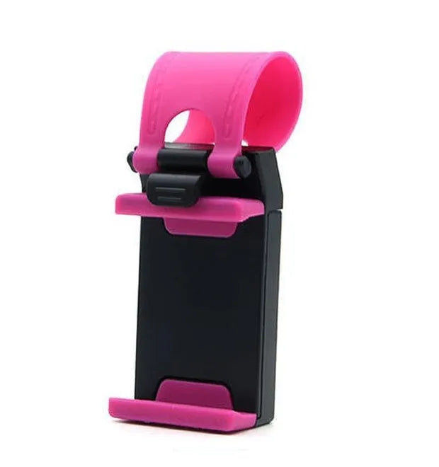 Black steering wheel phone clip holder mounted with smartphone showing navigation display