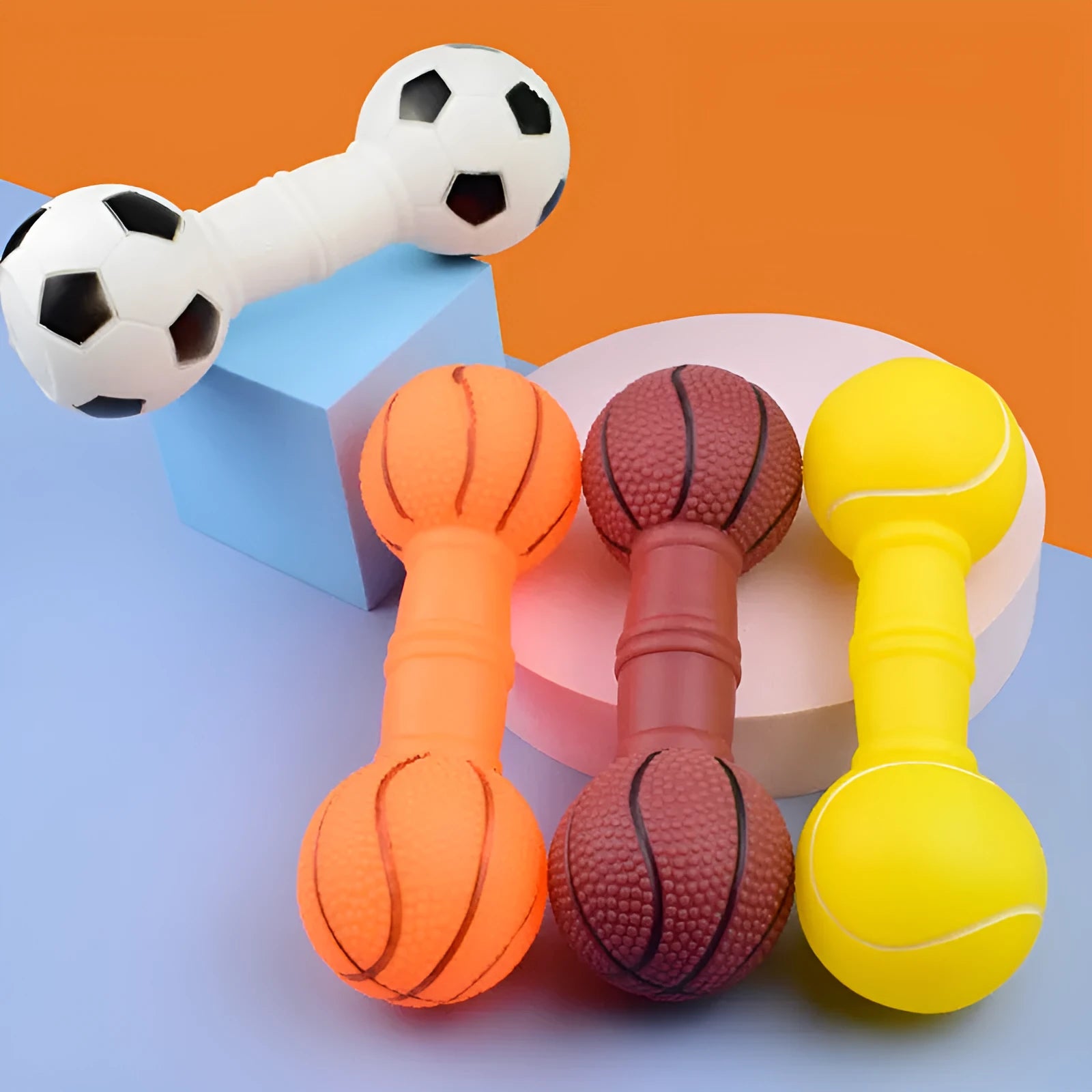Brown, orange, white, and yellow football dumbbell shaped dog chew toy with squeaker