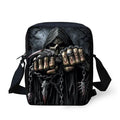 Medium-sized children's messenger bag with skull patterns in various colours showing double straps and zipper opening