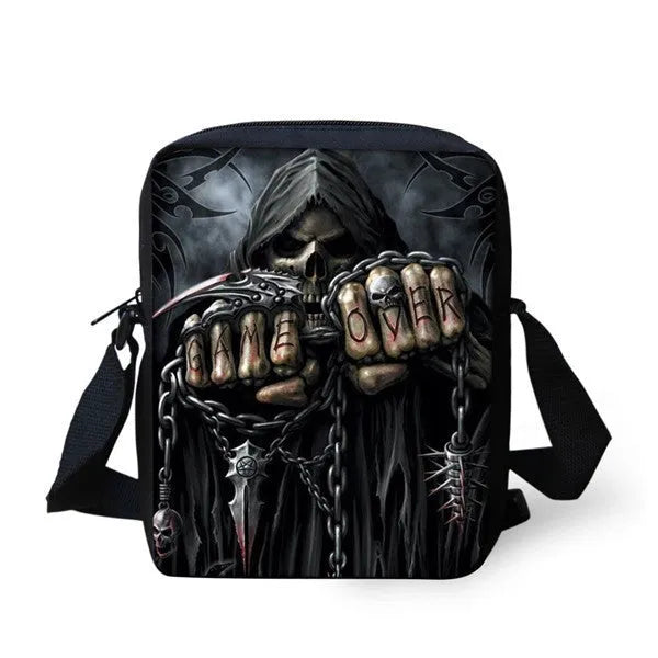 Medium-sized children's messenger bag with skull patterns in various colours showing double straps and zipper opening