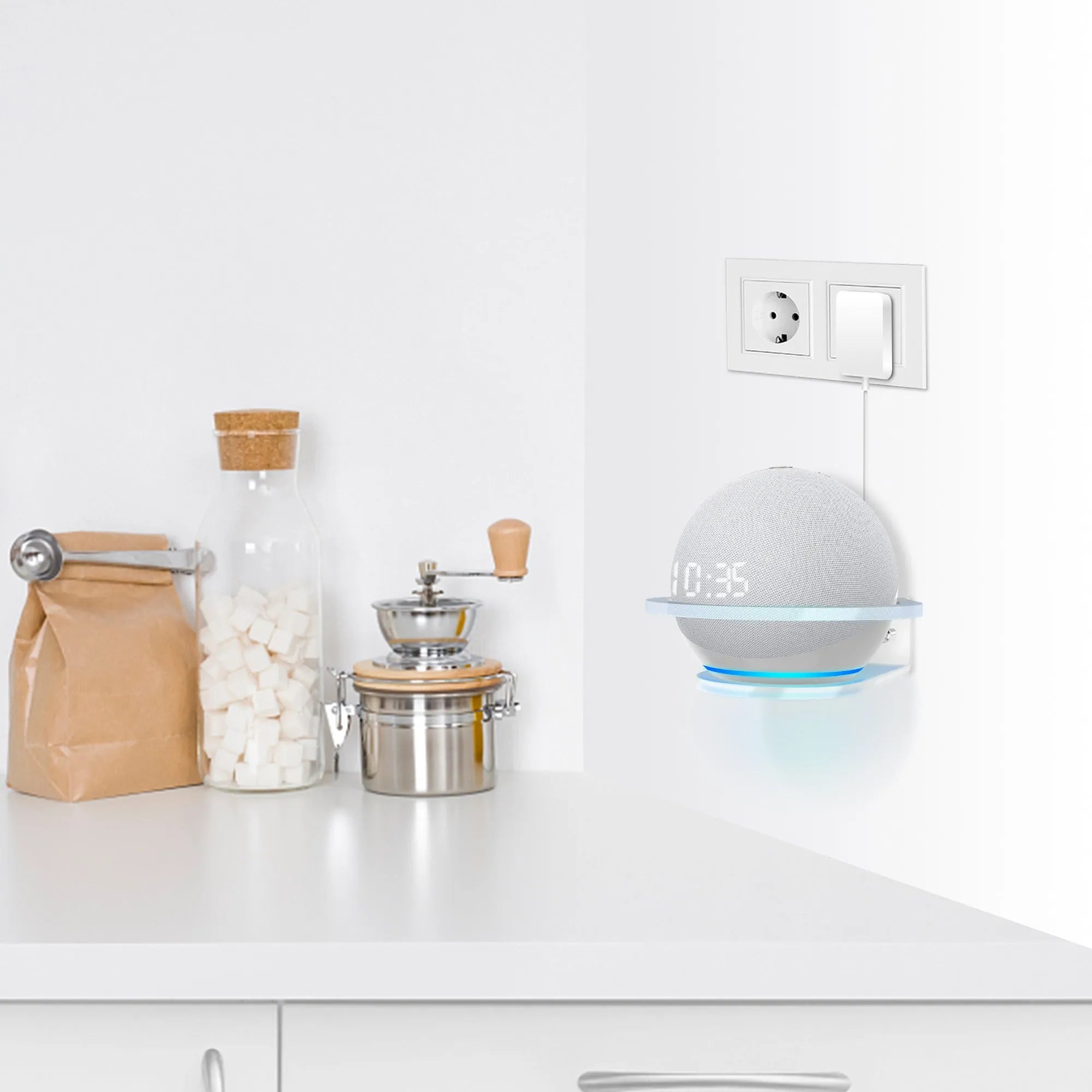 White plastic wall mount bracket for Amazon Echo Dot 4th generation speaker.