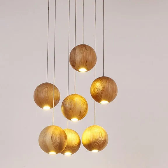 Nordic style solid wood ball chandelier hanging pendant light with adjustable cord.