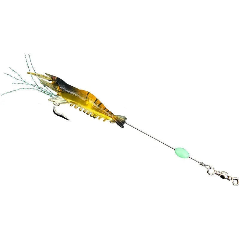 Six soft plastic fishing lures with hooks in various colours including luminous options on a blue background