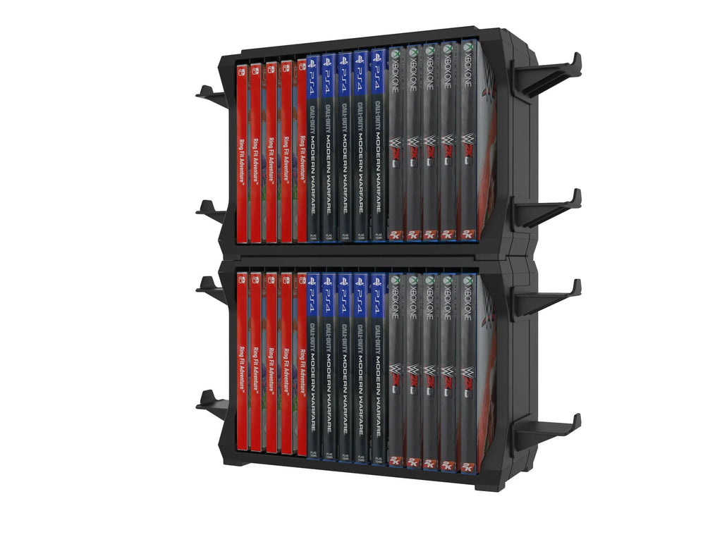 Black PS5 disc holder and controller stand showing game slots and four controller rests.