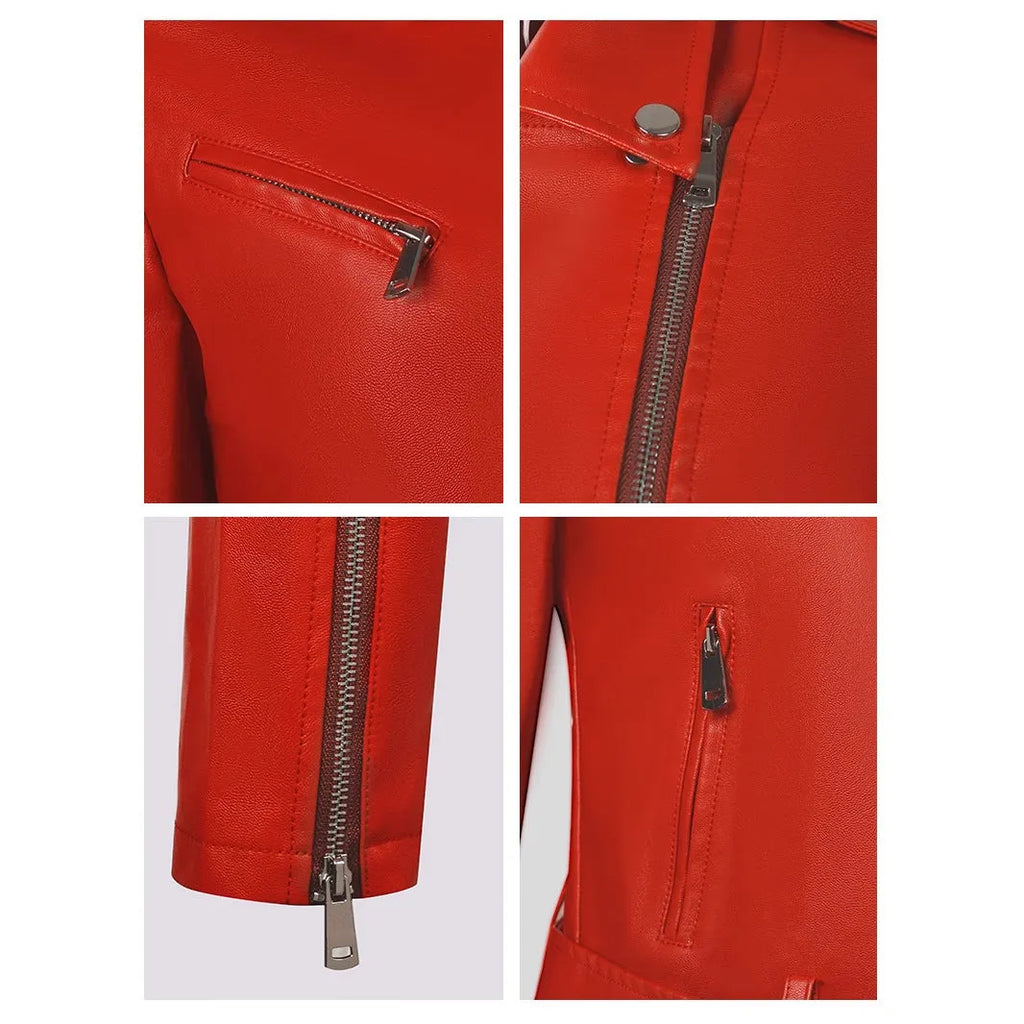 Women's red PU leather jacket with a lapel collar and a short waist belt, laid flat.