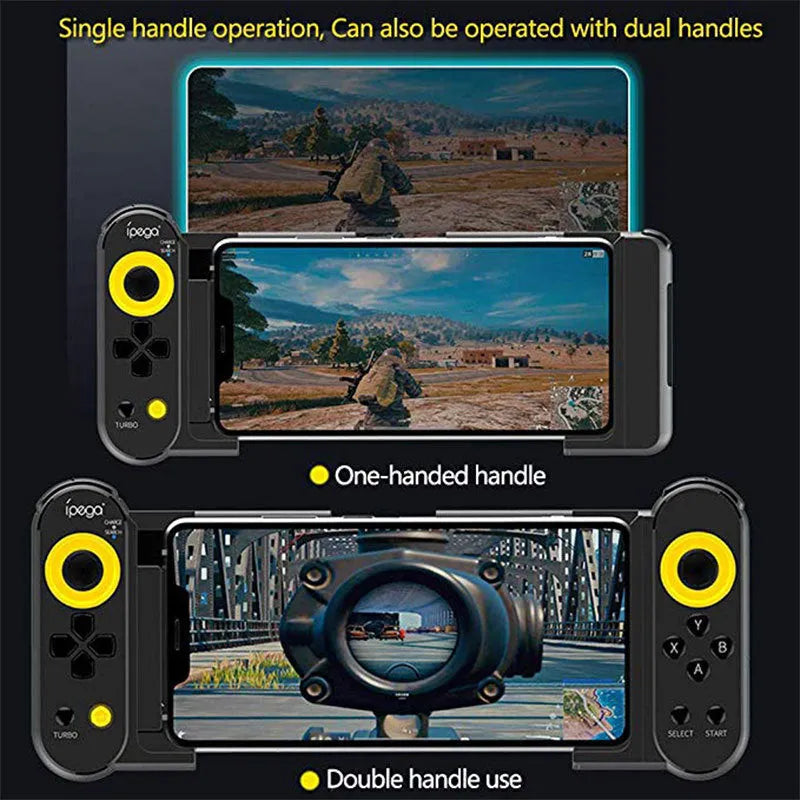 Ipega PG9167 wireless Bluetooth game controller in black ABS plastic with telescopic bracket extended, holding a smartphone for mobile gaming