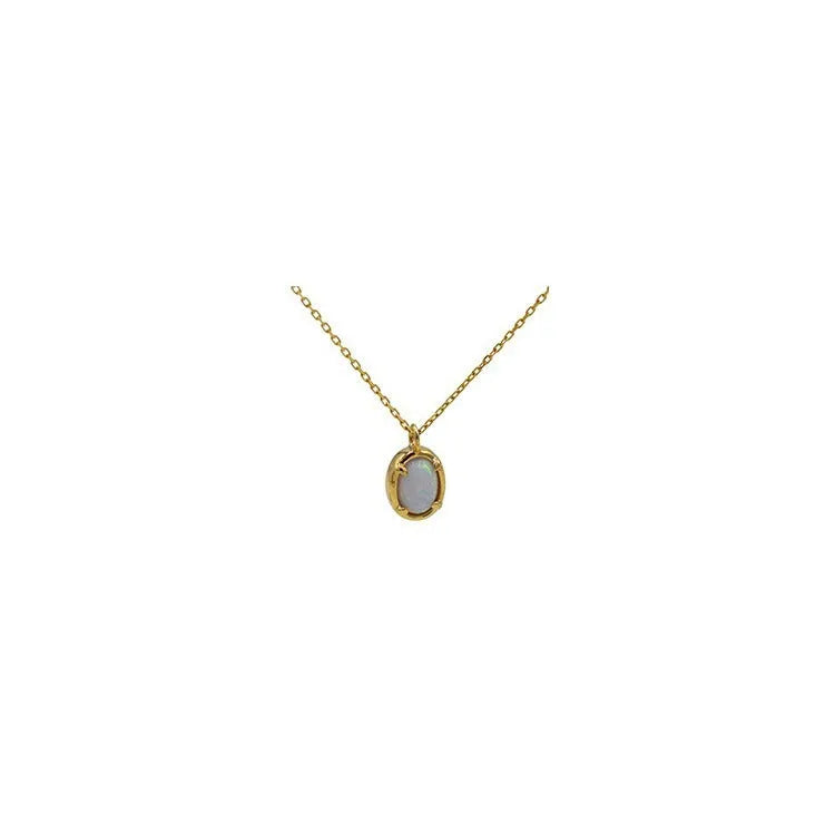 Oval geometric pendant necklace with jelly opal stone in silver plating, shown in golden and white gold colour options.