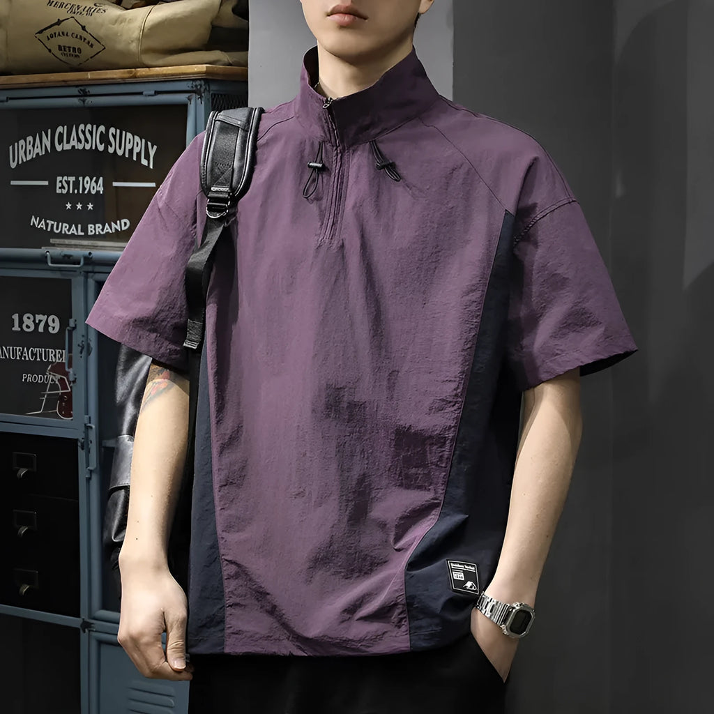 Brown men's half-zipped stand collar business shirt with short sleeves and fleece-lined construction