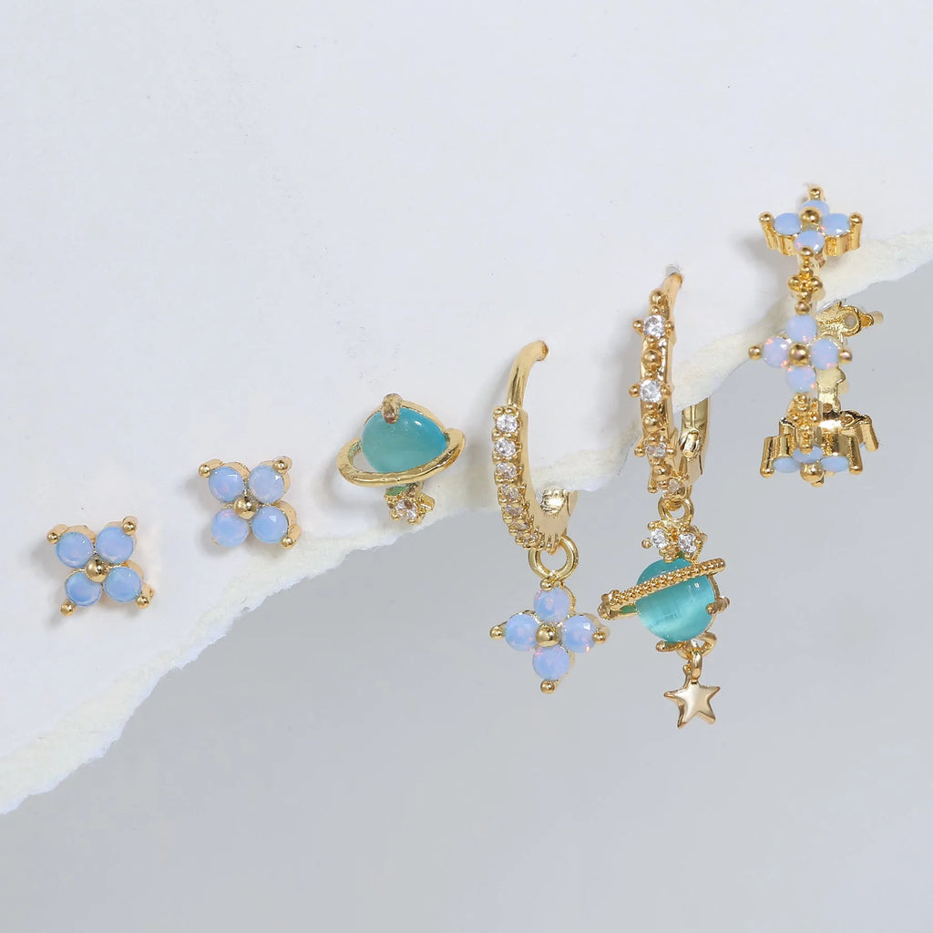 Blue zircon flower stud earrings in Japanese Korean style with gold or silver metal finish