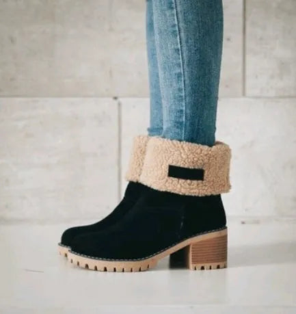 Women's suede mid-tube snow boots with thick platform sole in khaki colour