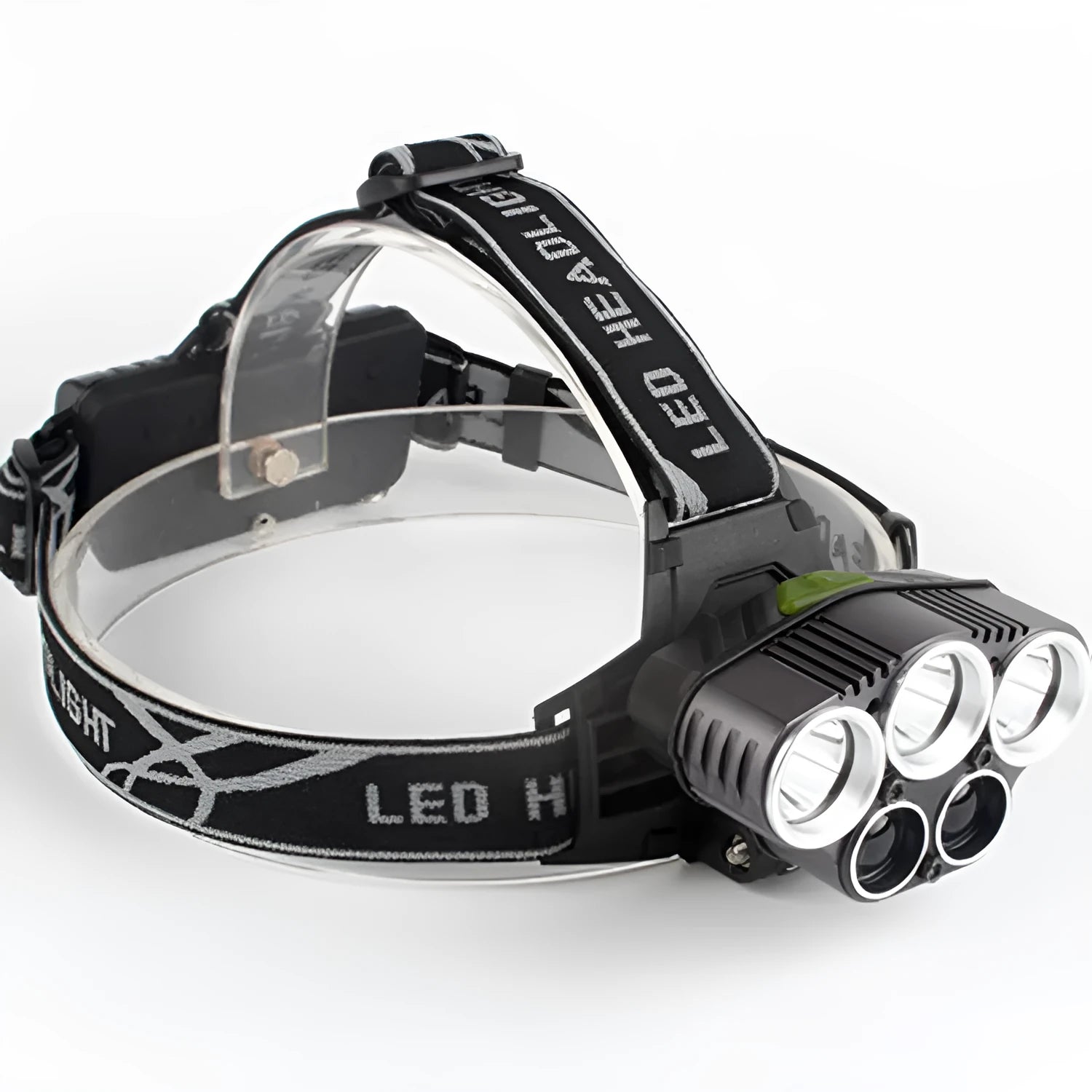 Fixed focus LED head torch with head strap, shown with its included charger.