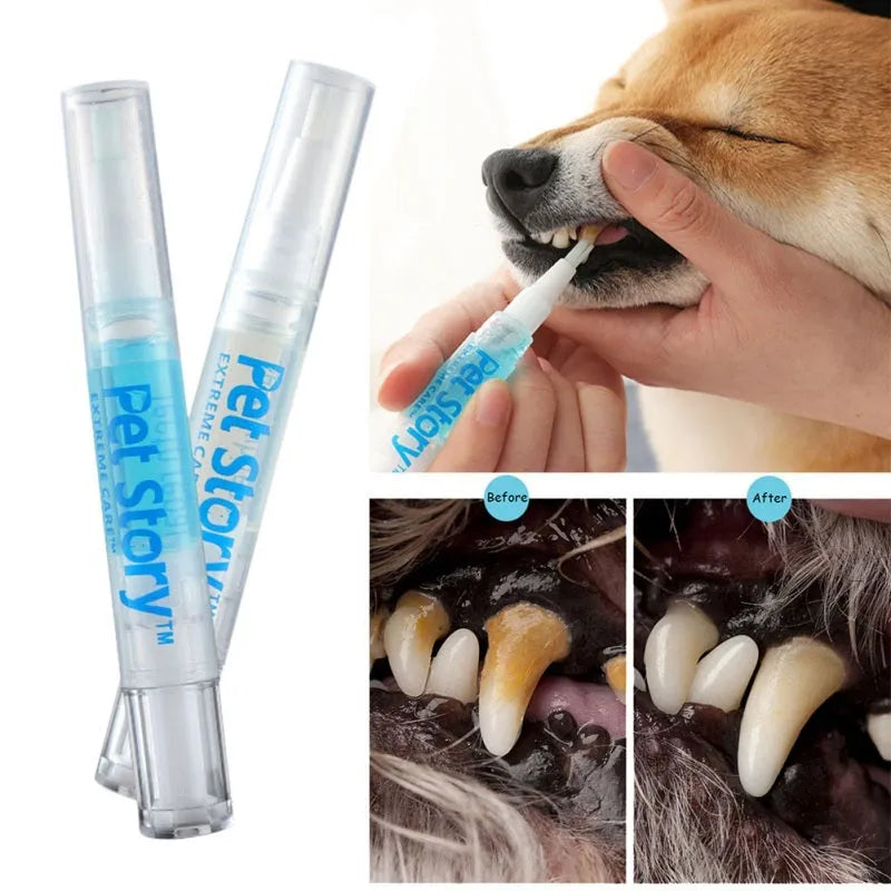 Pet tooth whitening pen kit with two pens, soft brush head, and non-slip handle for dog and cat oral care
