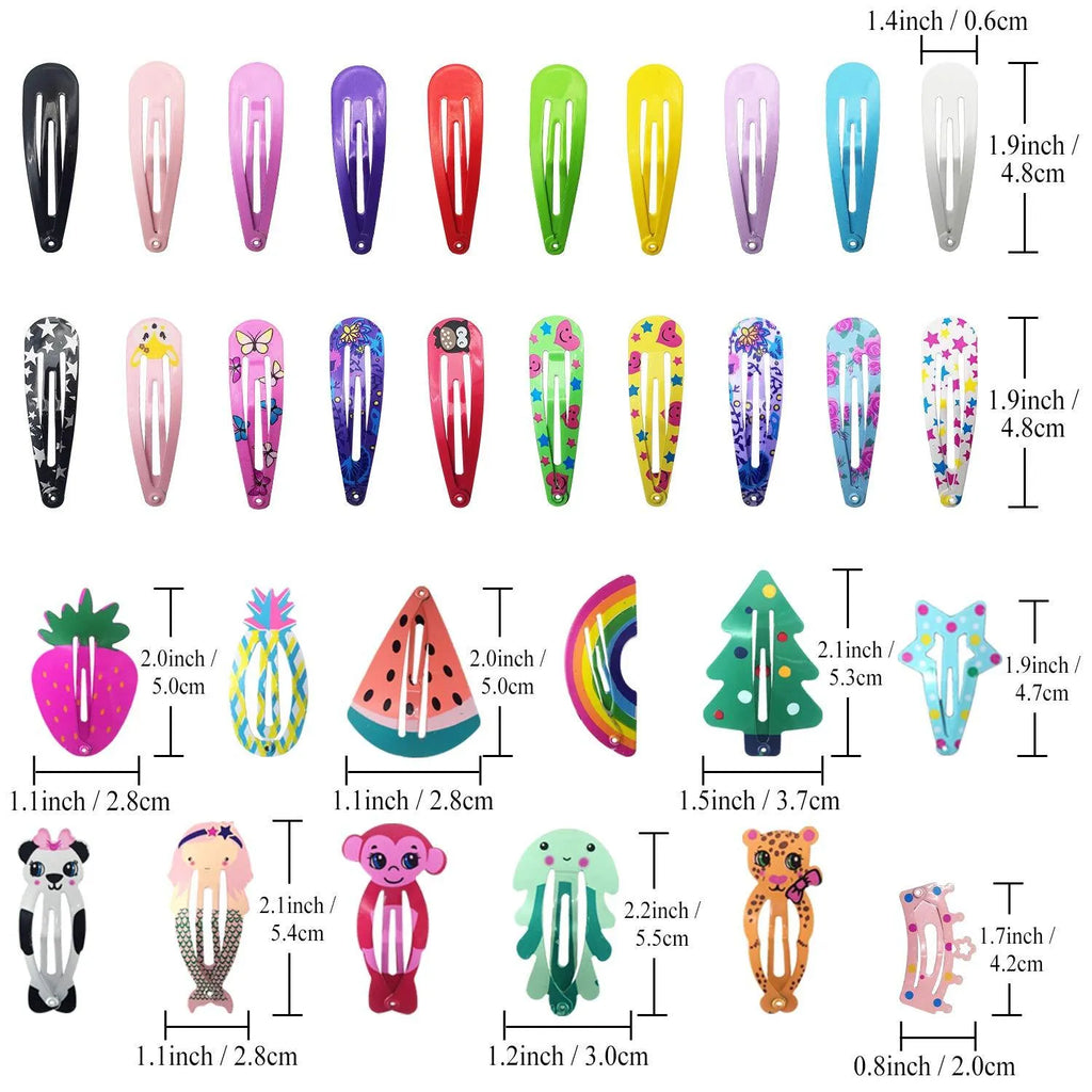 100 piece metal snap hair clip set showing animal, fruit, crown, star and flower designs in bright colours