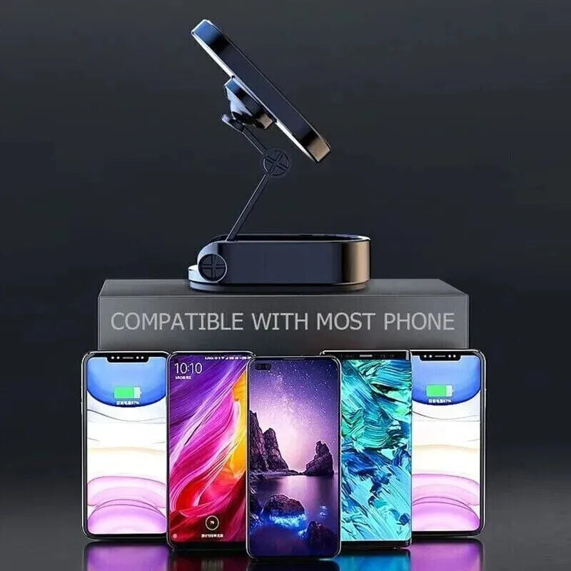 Chrome folding magnetic car phone holder mounted on a dashboard, showing 360-degree rotation.