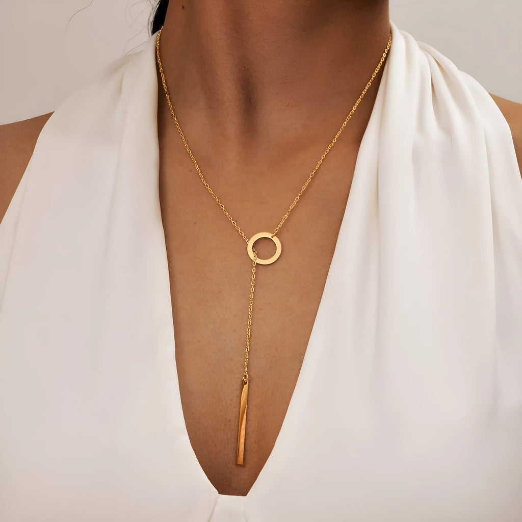 Gold stainless steel cross chain necklace with round ring pendant on O-link chain for women