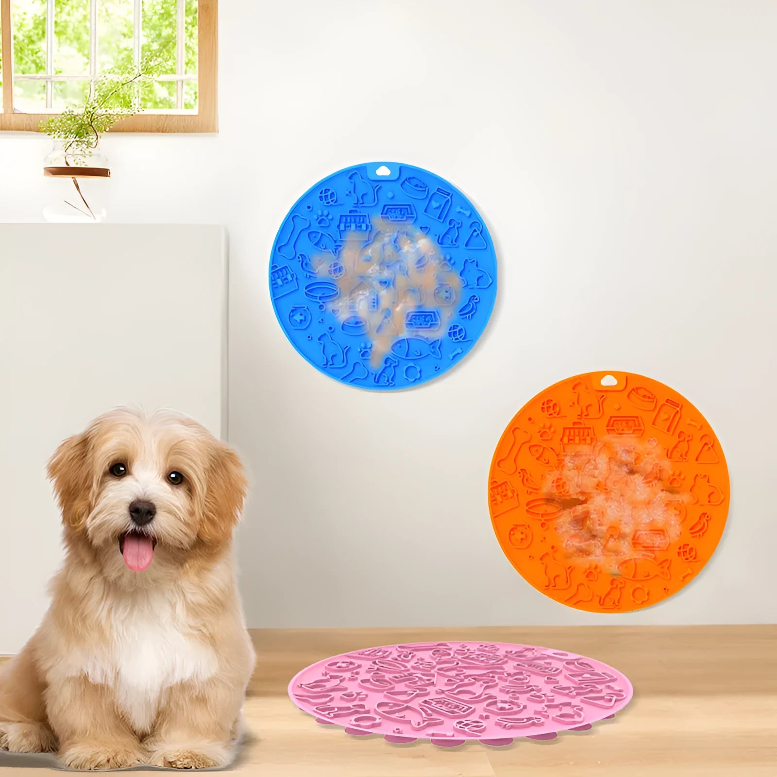 Round silicone pet licking mat with suction cup base in blue colour on kitchen floor