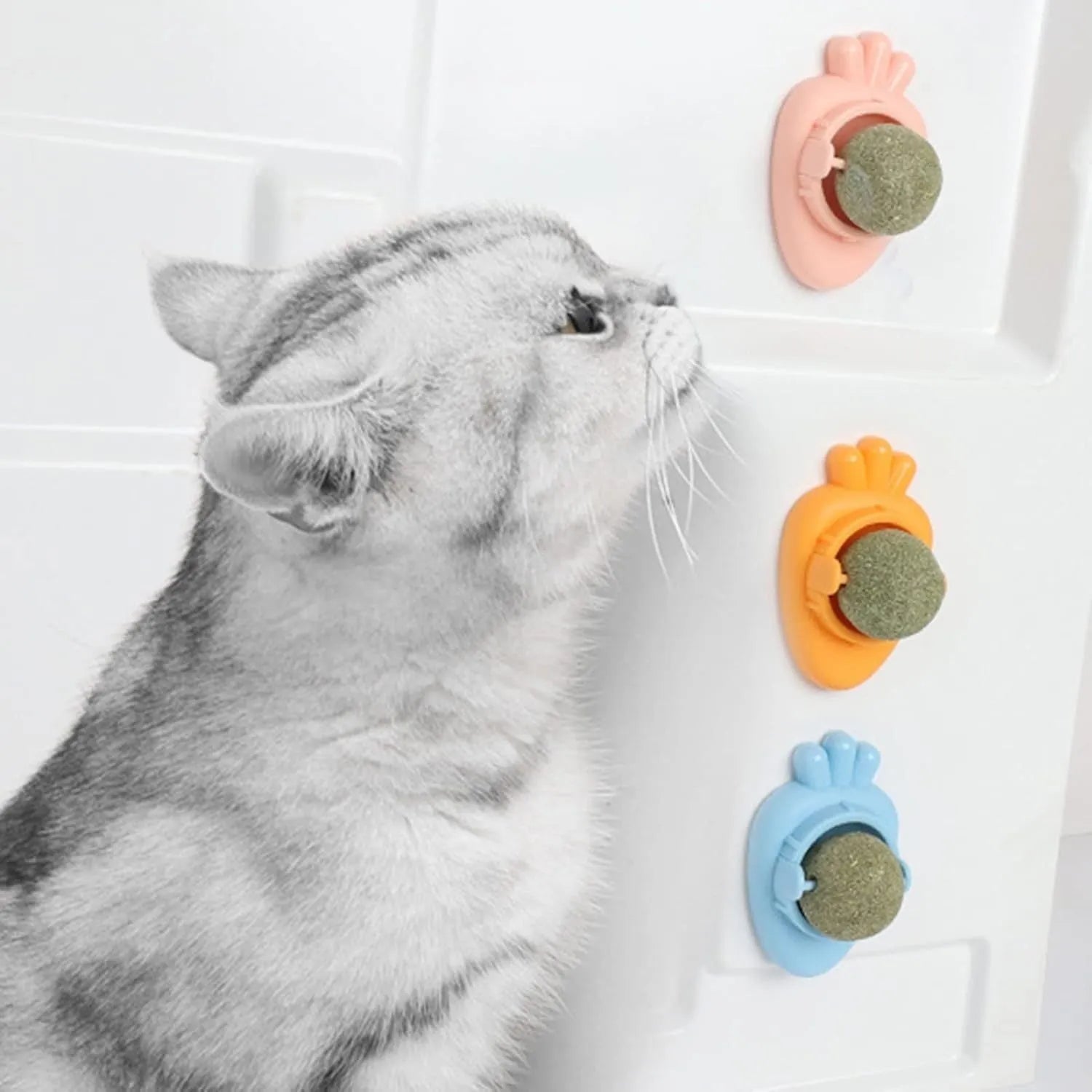 Blue carrot-shaped catnip toy with self-adhesive wall sticker for cat teeth cleaning